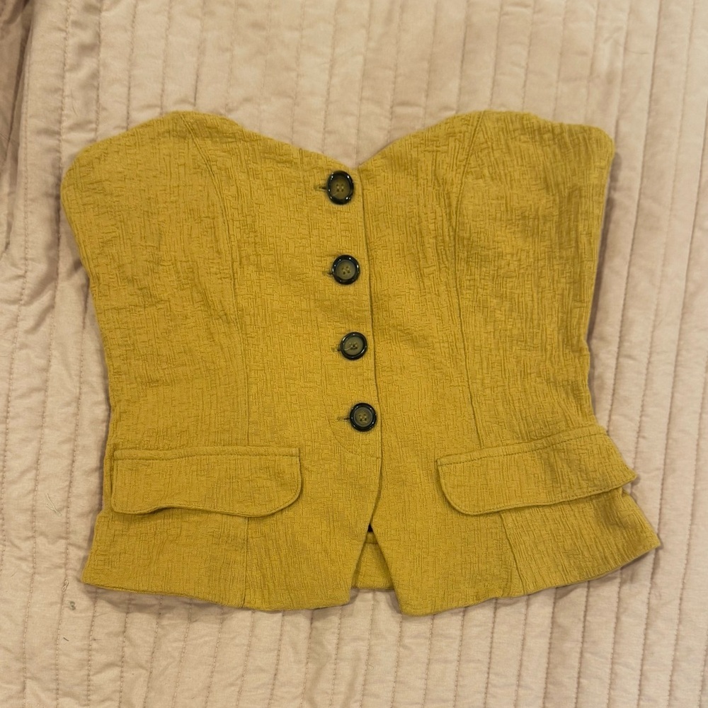 Anthropologie Gold Strapless Button-Up Top